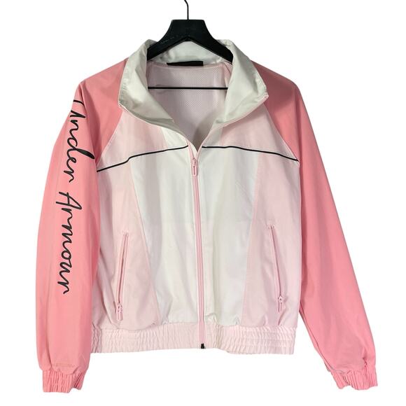 Under Armour Pink White Windbreaker XS Loose Fit Jacket Zip Front Logo Sleeve - Picture 2 of 13